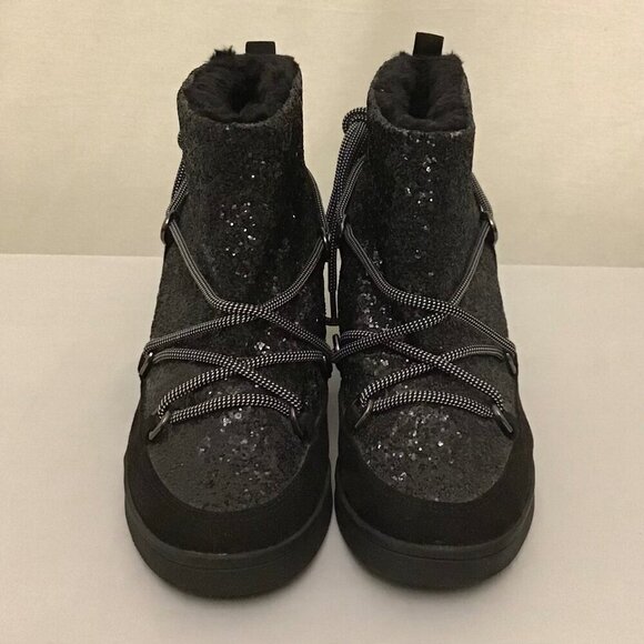 Juicy Couture 8.5 Women’s Glitter Suede Wedge Ankle Boots Black Faux Fur Lined - Picture 3 of 11